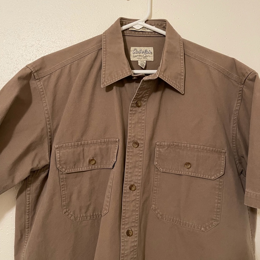 Cabela's Roughneck Stonewash Rugged Button Front Short Sleeve Shirt Brown Mens M